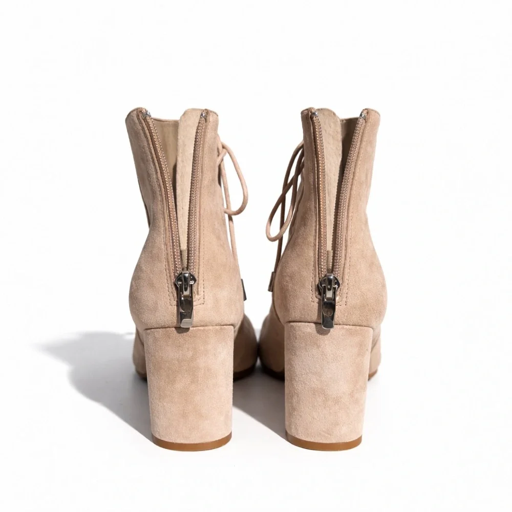 Kendall & Kylie Taupe Suede Lace-Up Ankle Booties Pointed Toe Block Heel - Picture 7 of 13